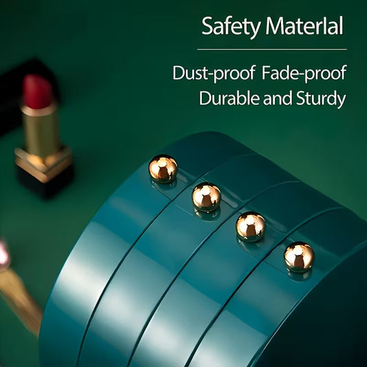 Close-up of a green safety material roll with gold rivets on a green background, featuring text about the product's properties.
