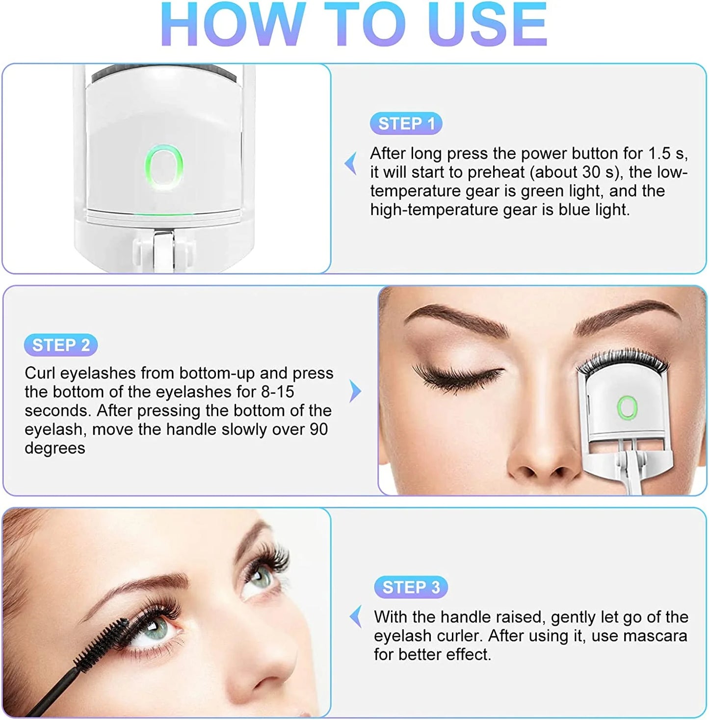 Instructions on how to use an eyelash curler with text and images.