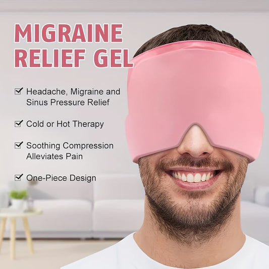 Person wearing a pink migraine relief gel mask with product features listed.