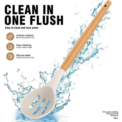 12-Piece Silicone Kitchen Utensil Set with Wooden Handles – Heat Resistant