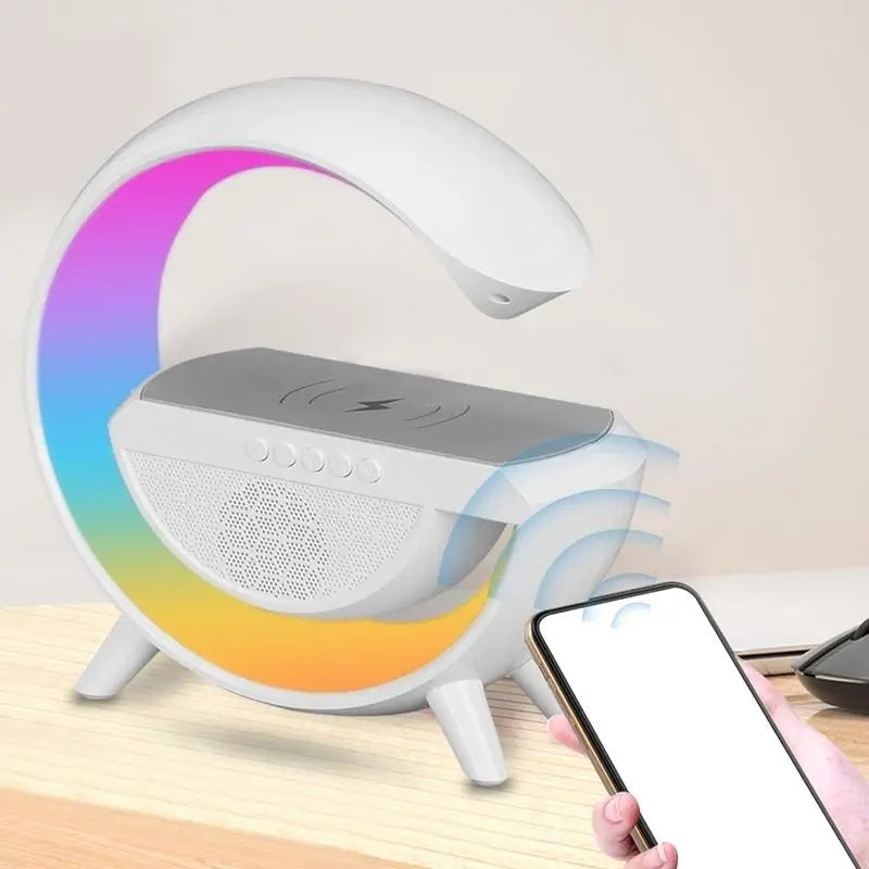 C-Shape RGB Wireless Charger with Bluetooth Speaker – 3 in 1 Desk Gadget