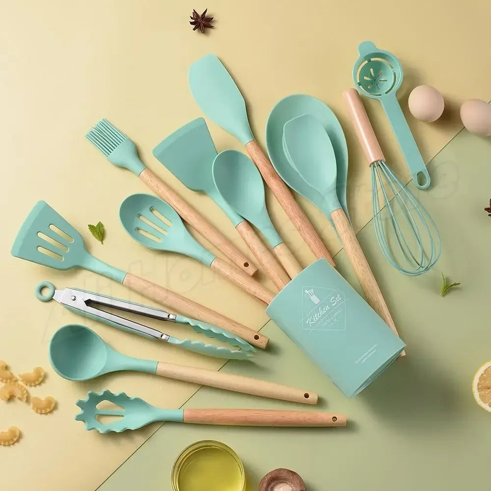 12-Piece Silicone Kitchen Utensil Set with Wooden Handles – Heat Resistant
