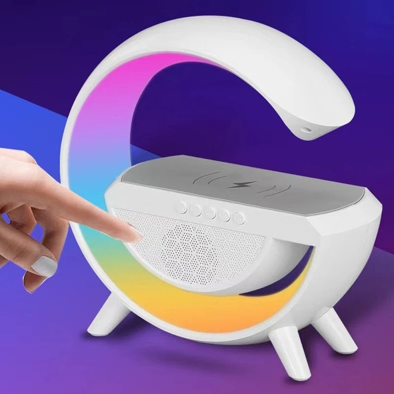 C-Shape RGB Wireless Charger with Bluetooth Speaker – 3 in 1 Desk Gadget