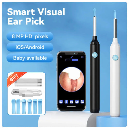 Smart visual ear pick with 8 MP HD pixels, compatible with iOS/Android, and baby available on a blue background.