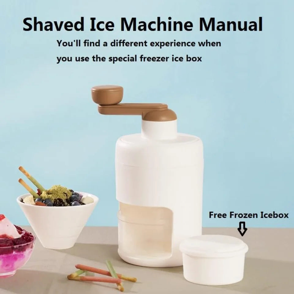 Shaved ice machine with a bowl of shaved ice and ingredients on a light blue background