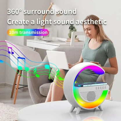 C-Shape RGB Wireless Charger with Bluetooth Speaker – 3 in 1 Desk Gadget
