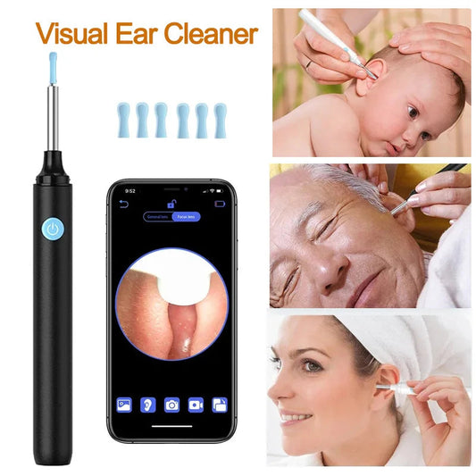 Visual Ear Cleaner with smartphone app, ear cleaning tools, and images of people using the cleaner.