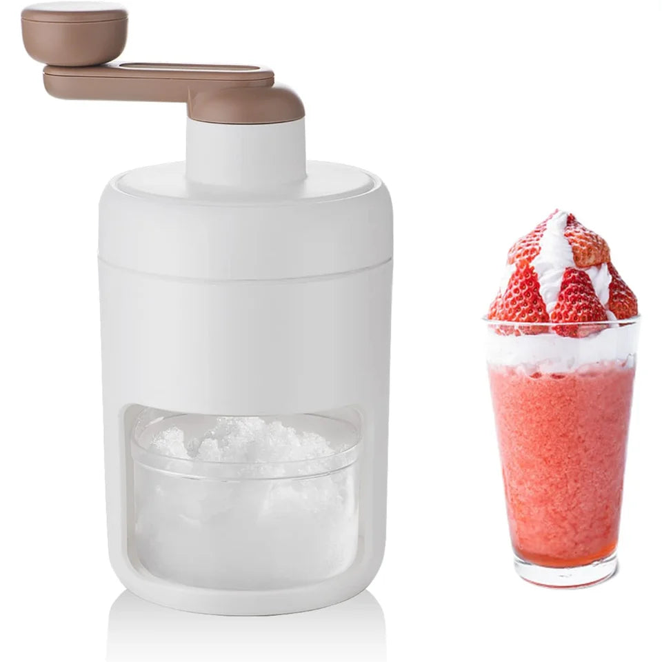 Ice cream maker with a container of ice and a strawberry smoothie on a white background