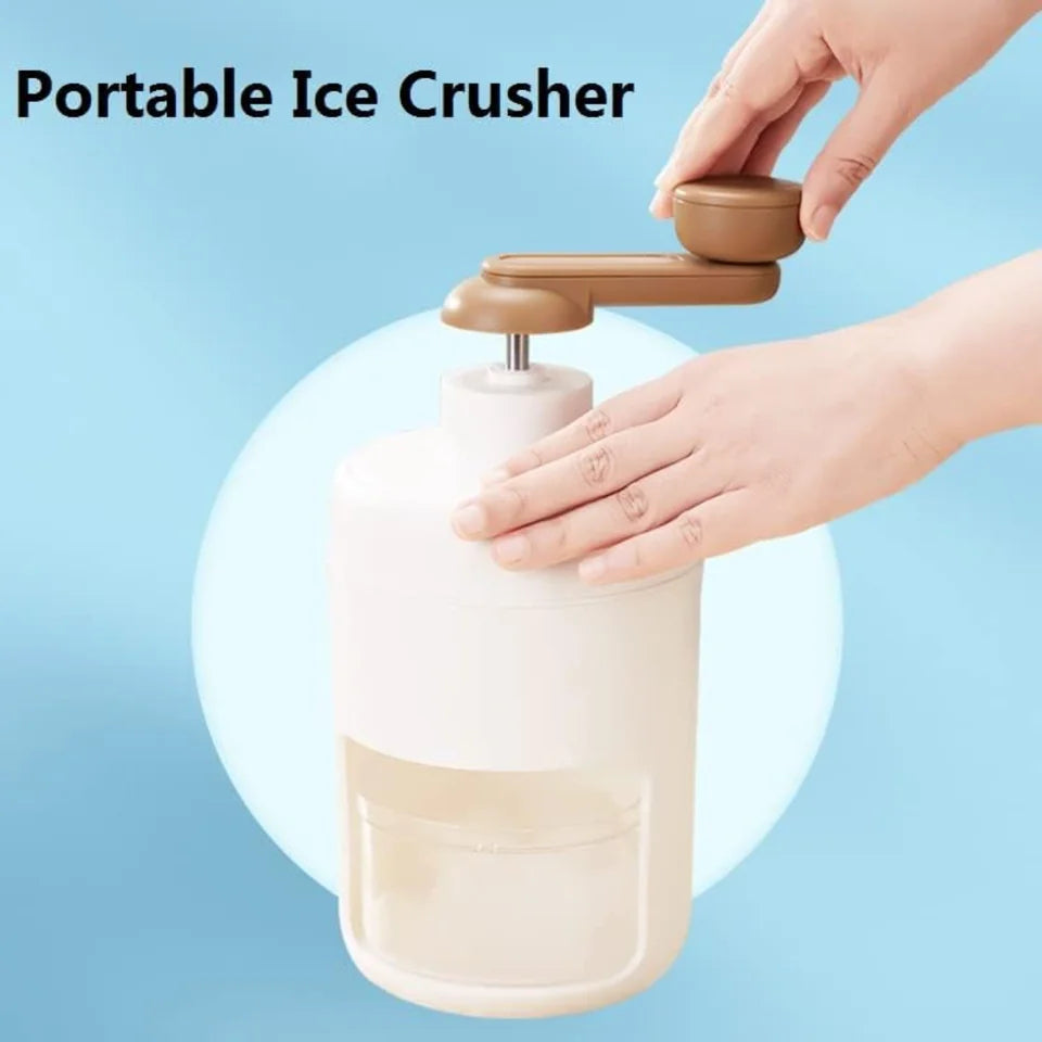 Portable ice crusher with hands using it on a light blue background