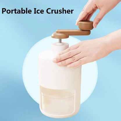 Portable ice crusher with hands using it on a light blue background