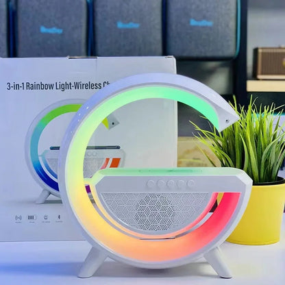 C-Shape RGB Wireless Charger with Bluetooth Speaker – 3 in 1 Desk Gadget