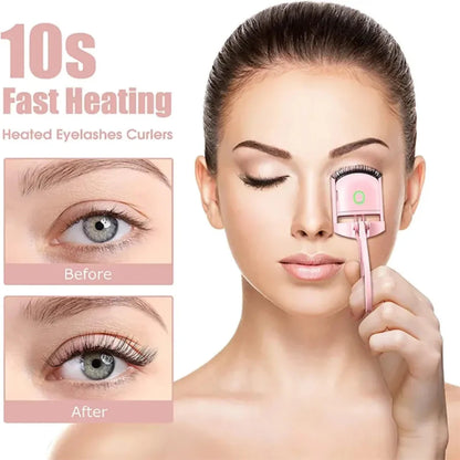 Woman using a heated eyelashes curler with '10s Fast Heating' text and 'Before'/'After' comparisons.