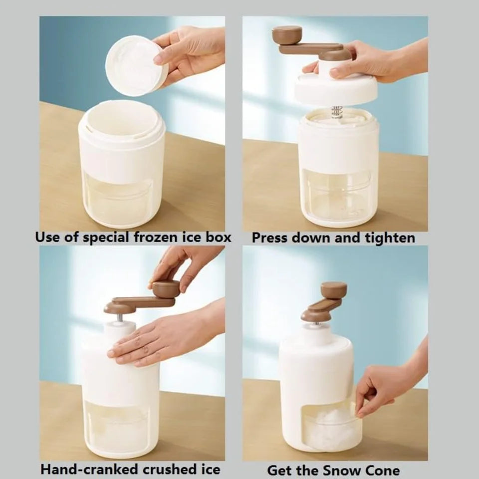 Step-by-step process of using a hand-cranked crushed ice maker.