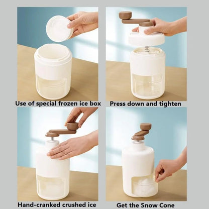 Step-by-step process of using a hand-cranked crushed ice maker.
