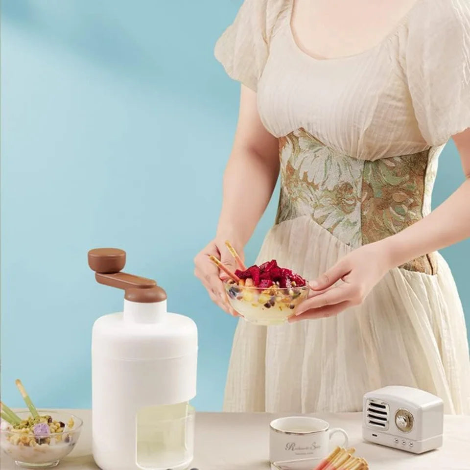 Person in a vintage-style dress holding a bowl of fruit, with a white bottle and small radio in the foreground.