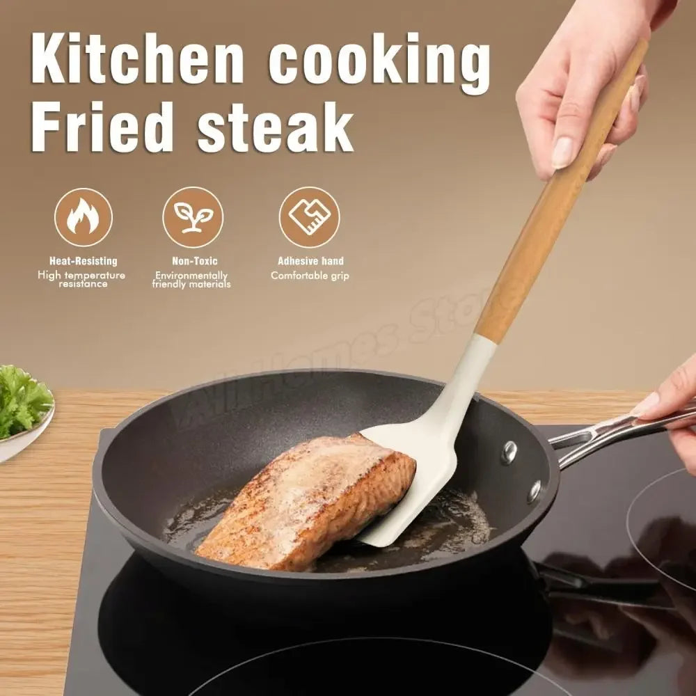 12-Piece Silicone Kitchen Utensil Set with Wooden Handles – Heat Resistant