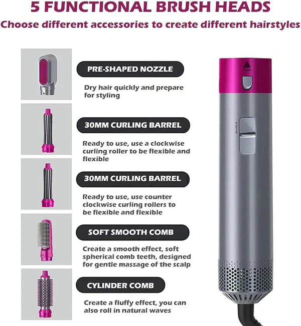 5 interchangeable attachments for hot air styler brush