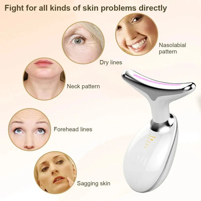 Facial device with images of skin issues and solutions on a beige background