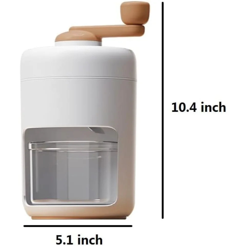 White and beige kitchen grinder with dimensions labeled on a white background