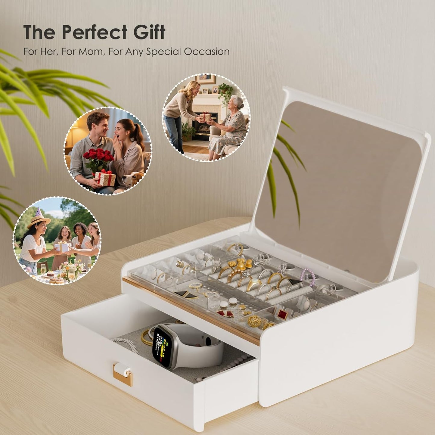 Jewelry organizer with mirror lid on a wooden surface, surrounded by small images of people enjoying moments together.