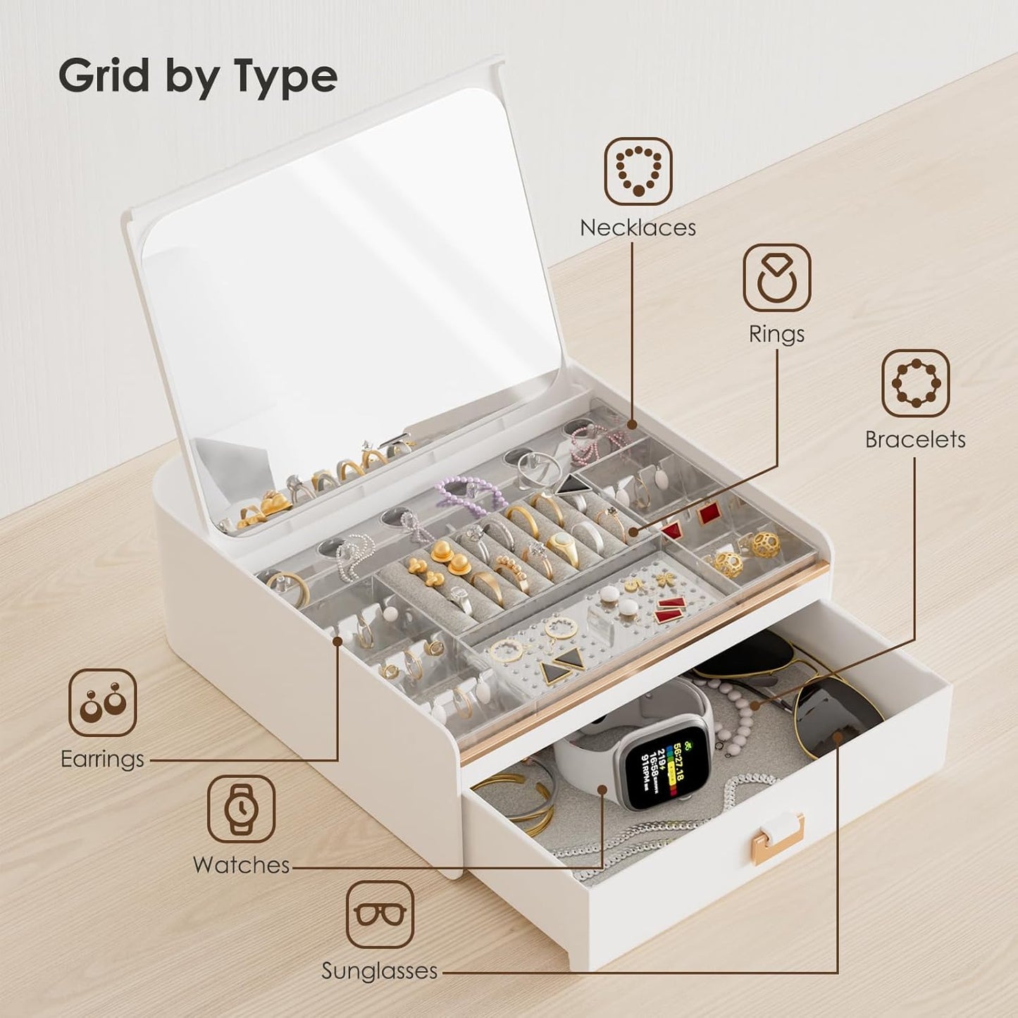 Jewelry organizer with compartments for necklaces, rings, bracelets, earrings, watches, and sunglasses on a wooden surface.