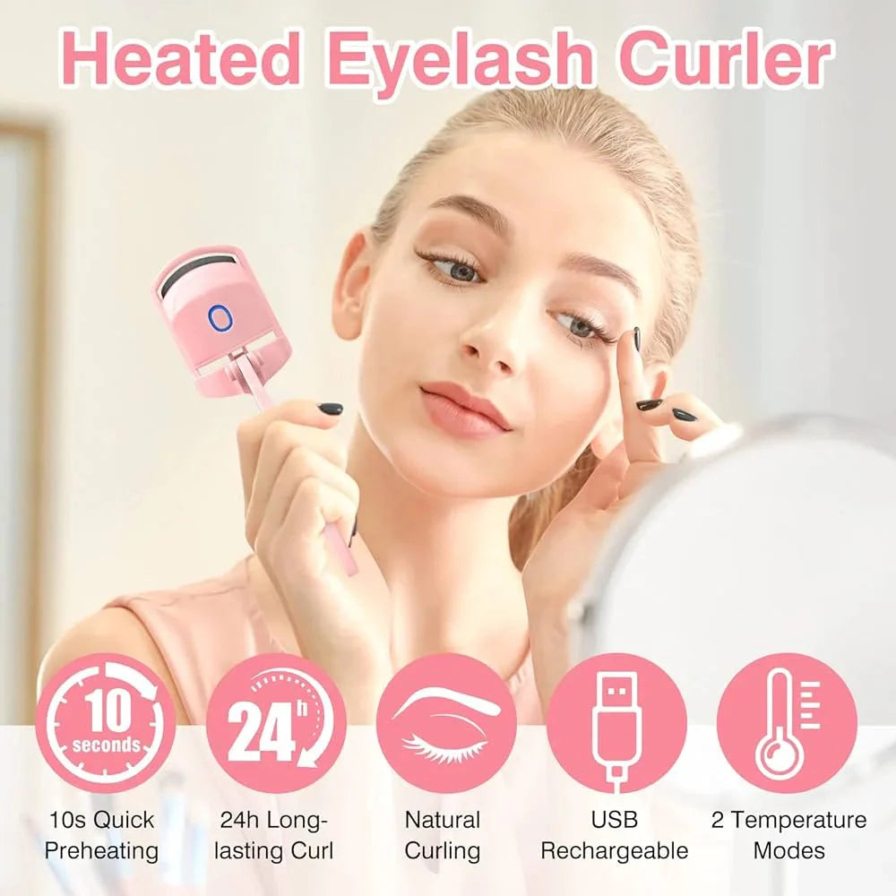 Heated eyelash curler with a woman holding it, featuring product features on a white background.