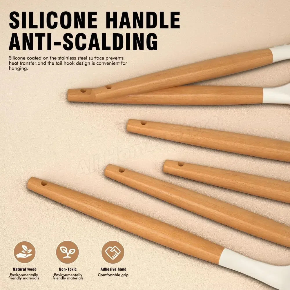 12-Piece Silicone Kitchen Utensil Set with Wooden Handles – Heat Resistant