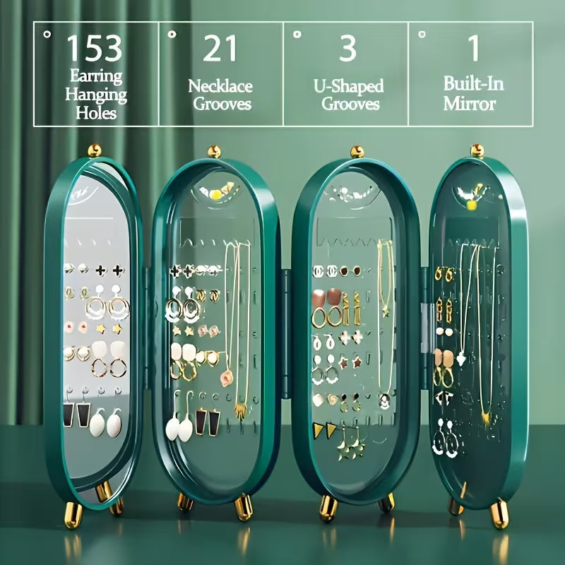 Green jewelry organizer with various earrings and necklaces on a green background