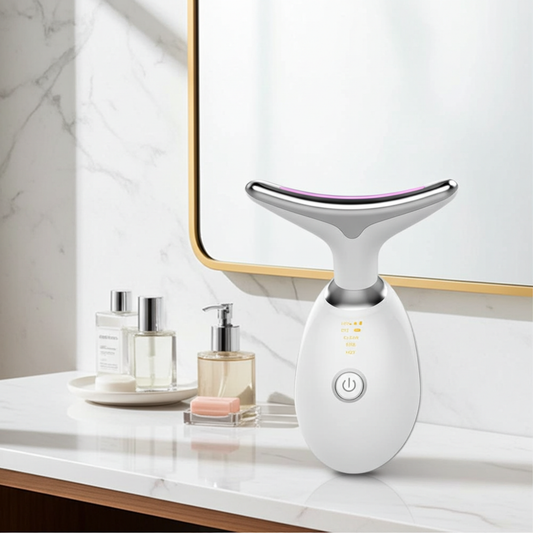 Beauty device on a bathroom counter with mirror and skincare products