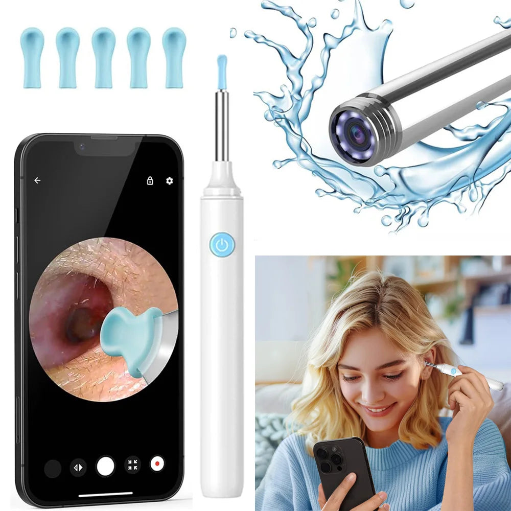 Eardrop cleaning tool with smartphone app, ear canal view, and person using the tool.