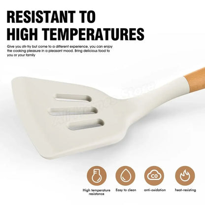 12-Piece Silicone Kitchen Utensil Set with Wooden Handles – Heat Resistant