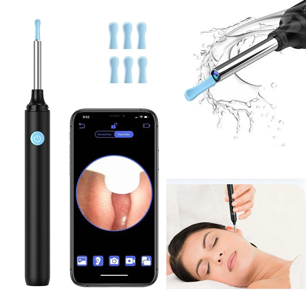 Collage of a black electronic device, smartphone with app interface, ear cleaning tool, and person receiving ear cleaning.