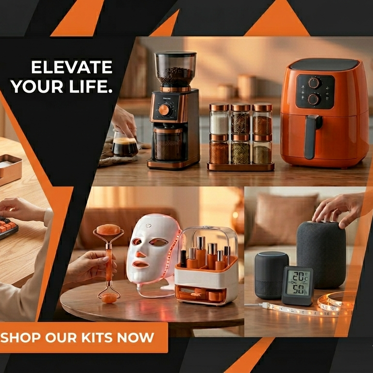 Promotional banner for KITSAV products with text and images of lifestyle items.