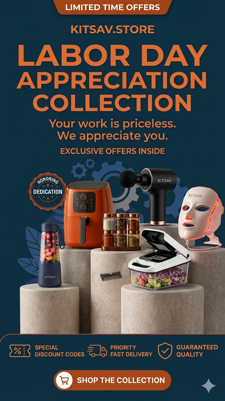 Promotional image for Kitsav Store's Labor Day Appreciation Collection with various products on a dark background.