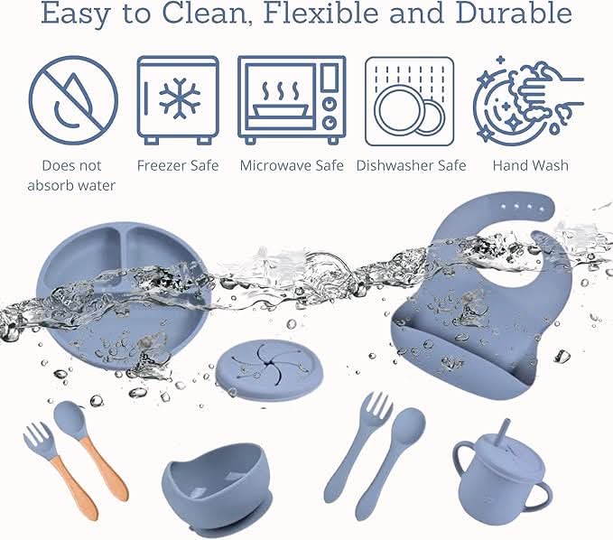 Silicone kitchenware set with icons indicating safety features and water splashes.