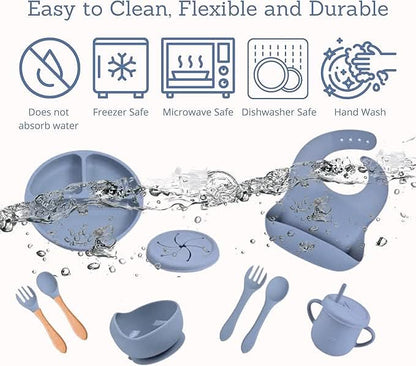 Silicone kitchenware set with icons indicating safety features and water splashes.