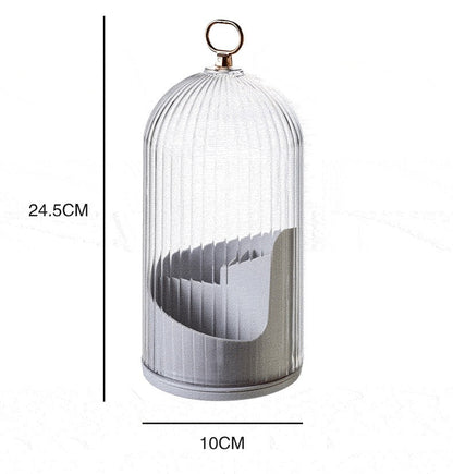 Decorative glass birdcage with dimensions on a white background