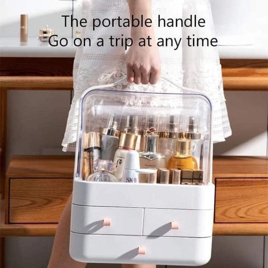 Clear cosmetic bag with products held by a person, text 'The portable handle Go on a trip at any time'.