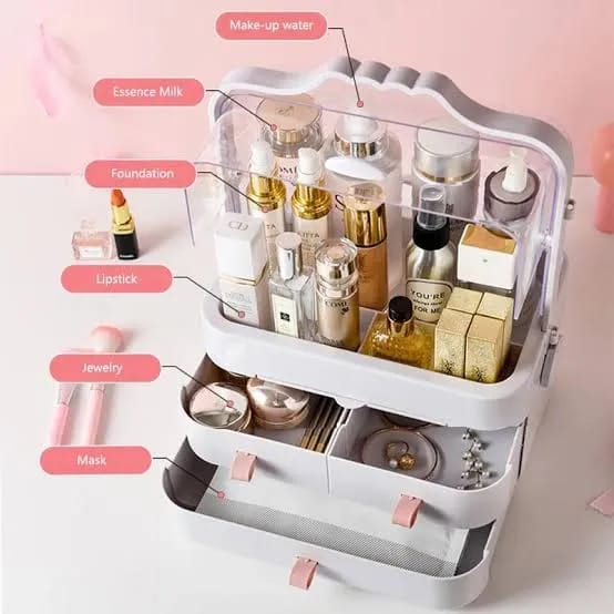Cosmetic organizer with labeled compartments containing various beauty products on a pink background.