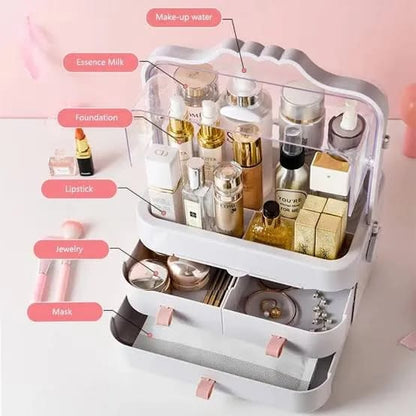 Cosmetic organizer with labeled compartments containing various beauty products on a pink background.
