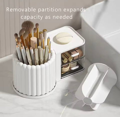 White cosmetic organizer with removable partition on a marble surface