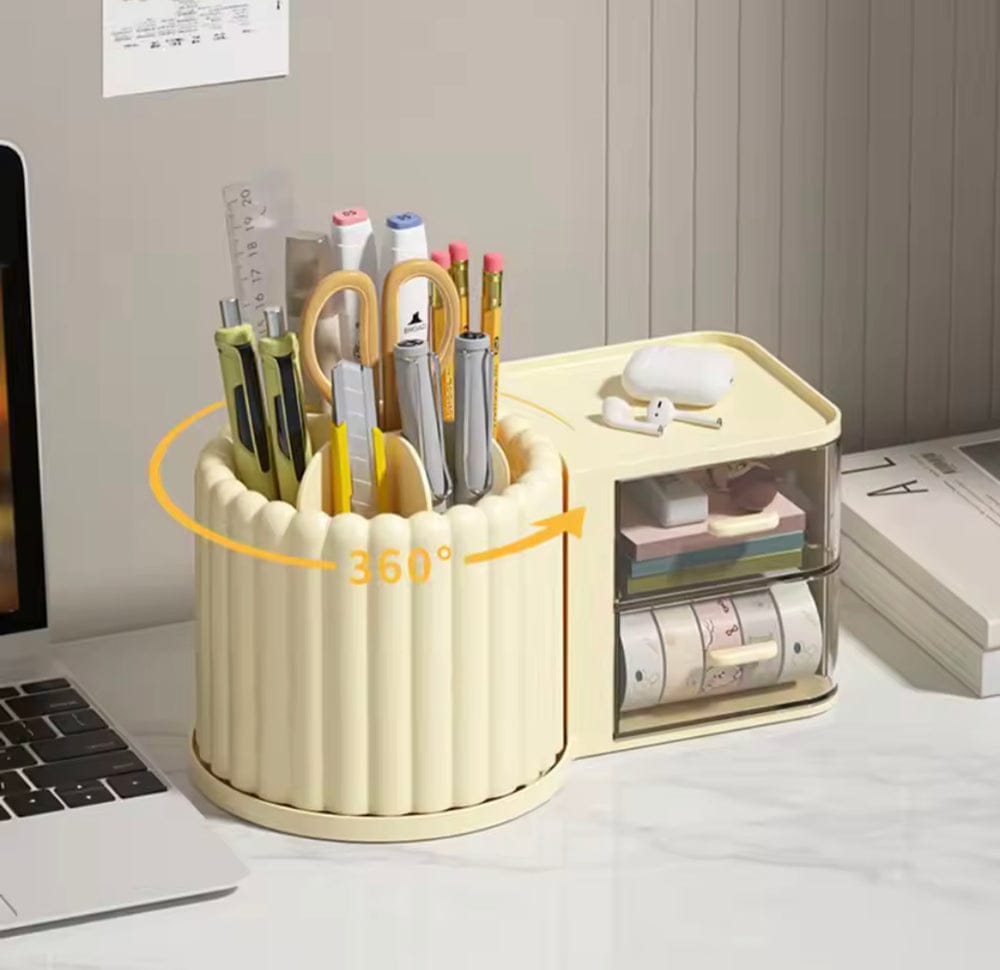 Beige desk organizer with stationery items on a desk.