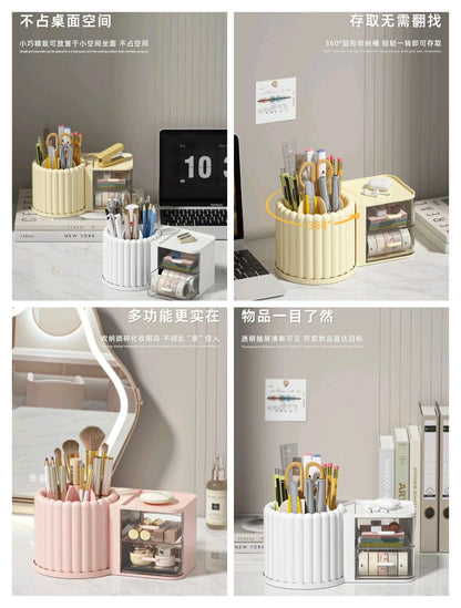Desk organizer with various compartments and items on a desk setup.