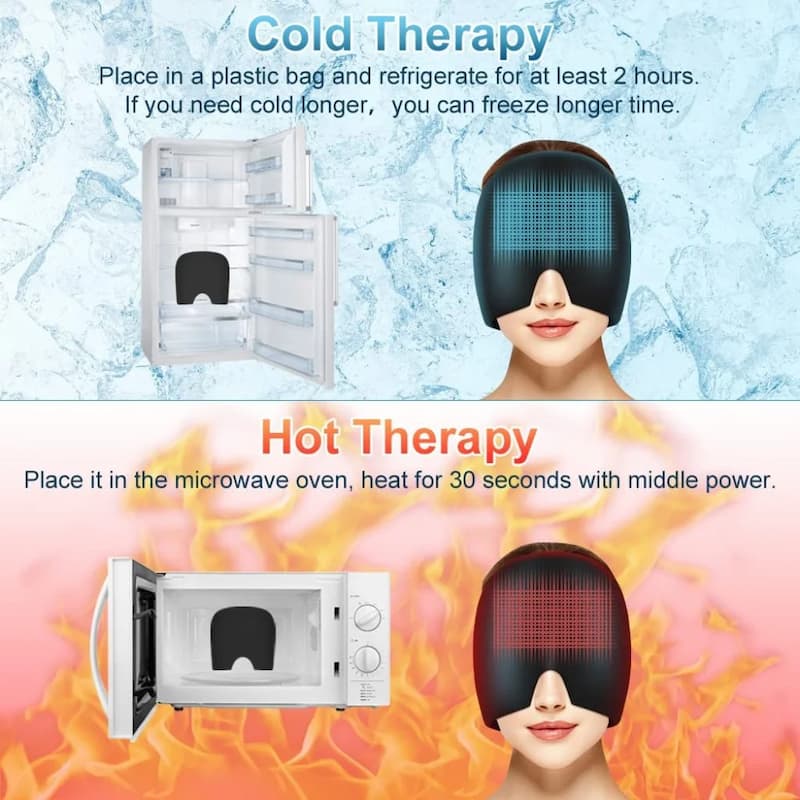 Cold and hot therapy mask with instructions on using a freezer and microwave.