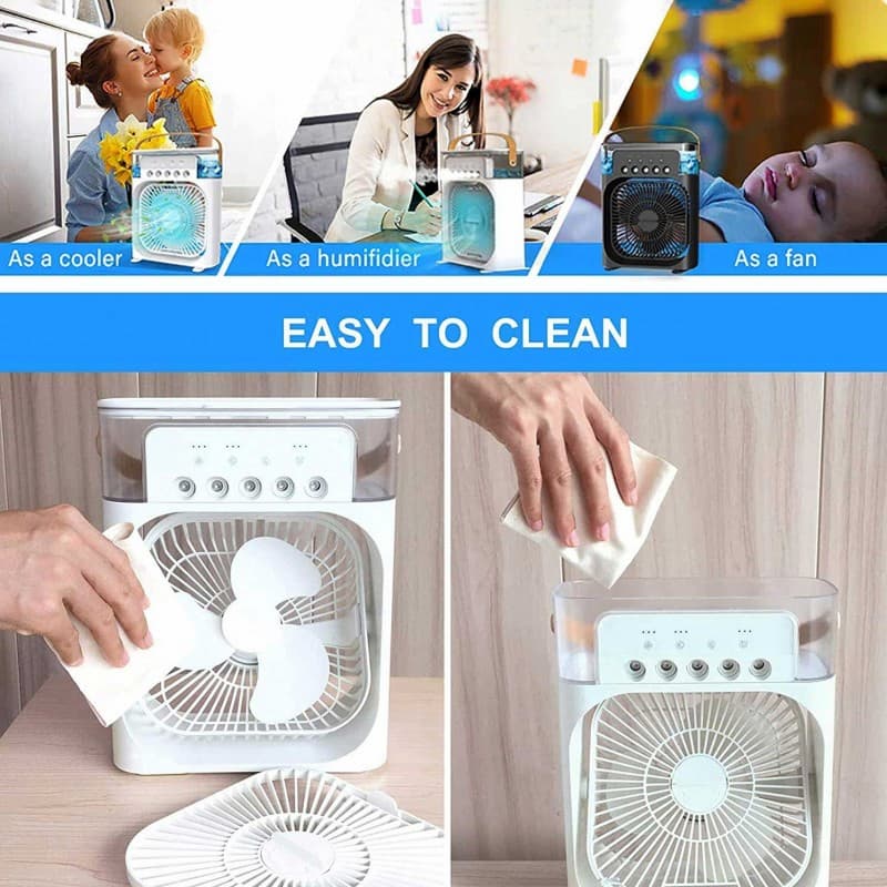 Multifunctional device used as a cooler, humidifier, and fan with cleaning demonstration.