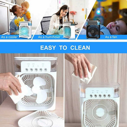 Multifunctional device used as a cooler, humidifier, and fan with cleaning demonstration.