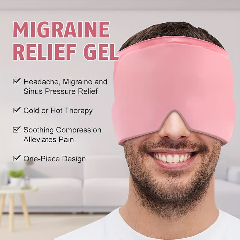 Person wearing a pink migraine relief gel mask with product features listed.