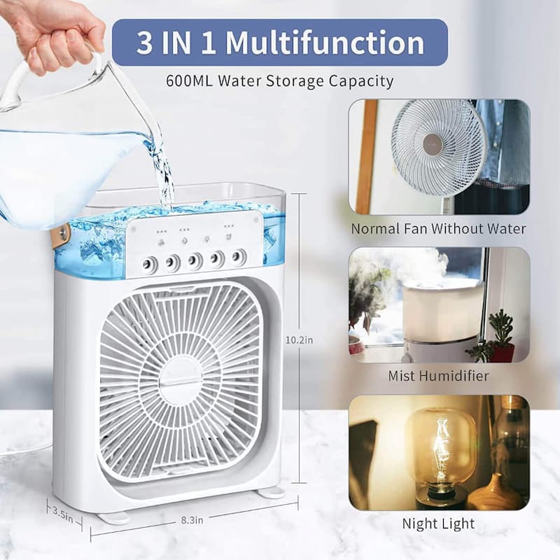 Multifunctional device with water storage capacity, fan, humidifier, and night light features.