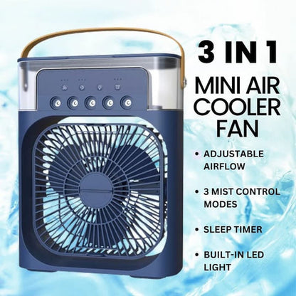 3-in-1 mini air cooler fan with features listed on a blue background