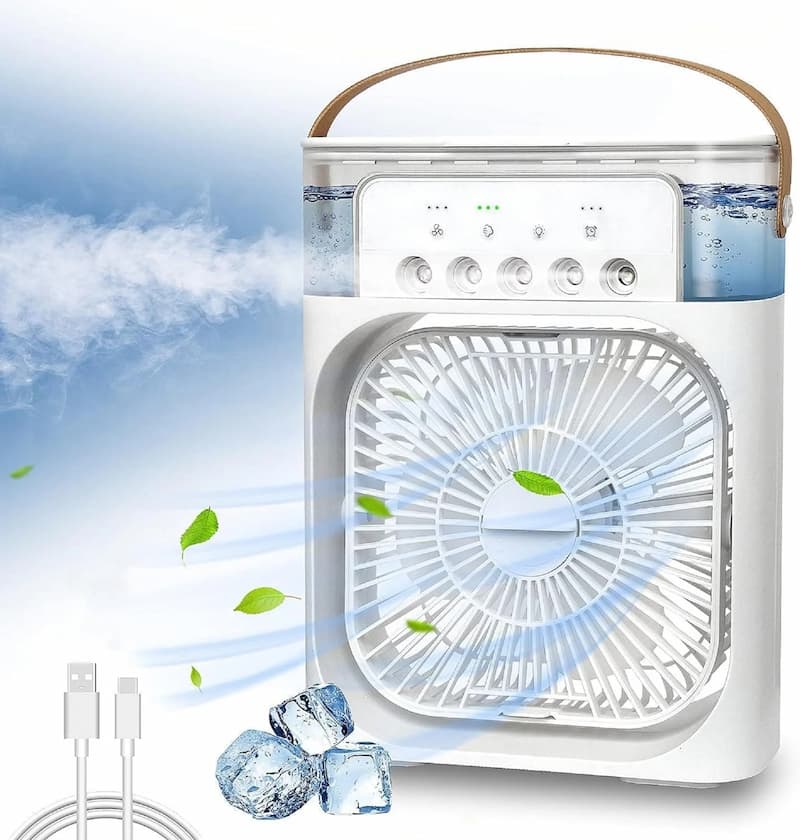 Portable fan with handle on a blue sky background
